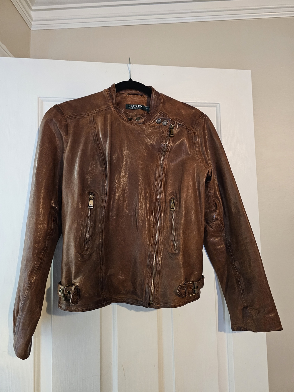Lauren Ralph Lauren Cognac Brown Leather Bomber Jacket